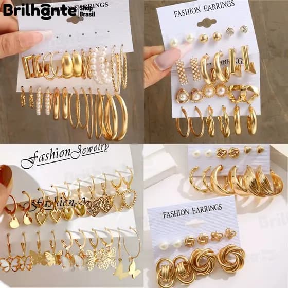KIT12 Conjunto Elegante Brinco Com Argola De Ouro Brincos De Pérola Para Mulheres Joias Acessórios 12PCS