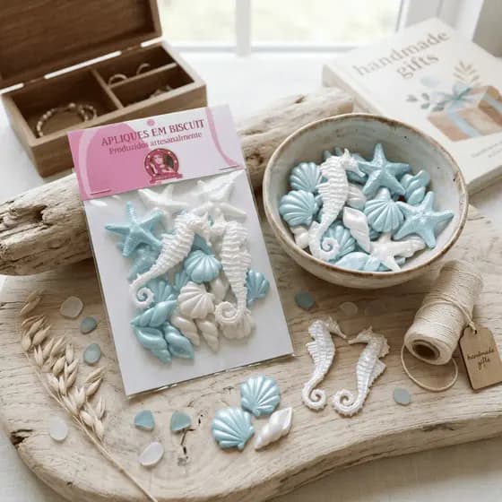 Kit 20 Apliques Fundo do Mar Perolado em Biscuit Enfeites Conchas Tema Luxo