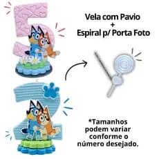 Vela Aniversário Topo de Bolo Bluey e Bingo Pavio Mágico Biscuit Luxo Pronta Entrega