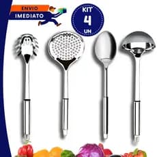 Utensílios de Cozinha Inox Completo Concha Escumadeira Colher Arroz Pegador Massas 3 4 Peças