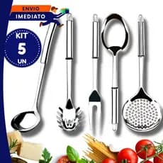 Utensílios Inox Cozinha Concha Escumadeira Colher Arroz Pegador Massas Garfo Trinchante 4 5 Peças