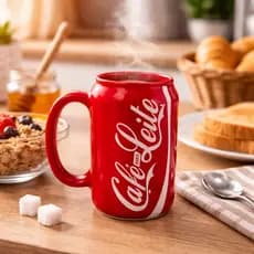 Caneca Café com leite formato lata de coca cola 350ml porcelana