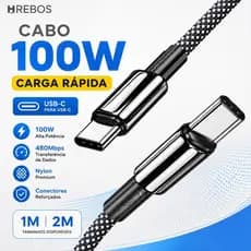 Cabo USB-C Premium 1 ou 2 Metros Turbo 100W 2 Pontas Tipo C Cabo em Nylon