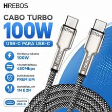 Cabo Turbo 100W USB-C para TIPO-C 2 pontas USB-C de 1 e 2 Metros 480mbps