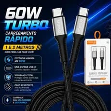 Cabo Turbo 60W Tipo C 2 Pontas USB-C 1 e 2 Metros Carregamento Rápido