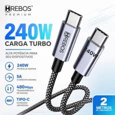 Cabo 240W Tipo C (USB-C) 2 Metros Turbo de Alta Performance Corrente 5A 480Mbps