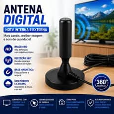 Antena Digital HDTV Interna e Externa 360° Base Magnética | 5m Cabo | À Prova d’Água TV e Conversor
