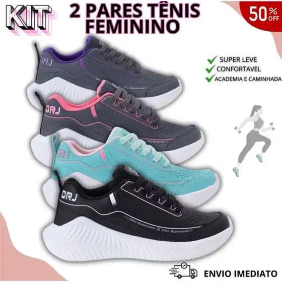 Kit com 2 Pares – Tênis Feminino DRJ Running: LEVE e CONFORTAVEL em Dobro para Academia e Caminhada!