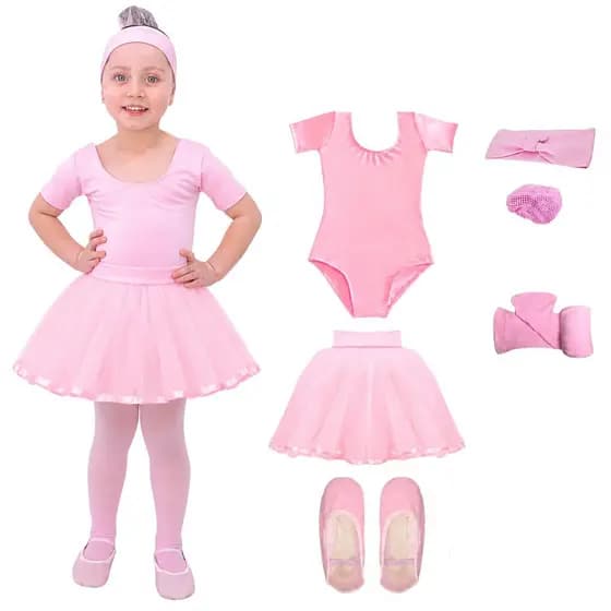Kit Ballet Infantil 6 Itens: Collant Meia Manga, Saia de Tulle, Sapatilha Courino Sola reta, Rede e Faixa