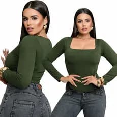 Body Feminino Decote Quadrado Manga Longa Forro Duplo Premium