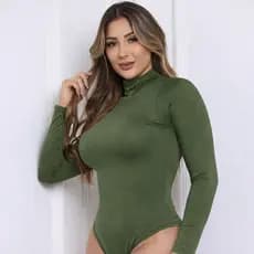 Body Canelado Tecido Ana Ruga Moda Feminina Manga Longa Gola Alta Inverno