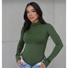 Body Casual Canelado Malha Moda Feminina Manga Longa Inverno Gola Alta Elegante