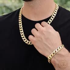 Conjunto Corrente E Pulseira Grossa Masculino 10mm 60cm Banhado Ouro 18 K Cordão Pesado