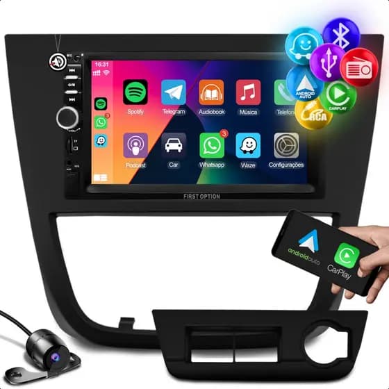 Kit Multimidia MP5 Carplay Android Auto Som Automotivo Bluetooth 7 Polegada + Moldura 2 Din + Câmera