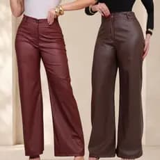 Calça Feminina Pantalona Couro Fake Wide Leg Zíper Botão Bolso Tendência Luxo