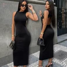 Vestido Longo Feminino Tubinho Costas Nuas Suplex Midi Elegante Justo Casual Liso Premium