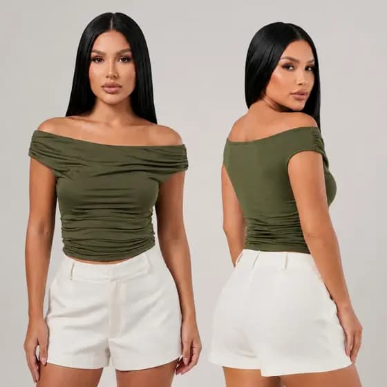 Cropped Ciganinha Suplex Ombro a Ombro Drapeado Manga Curta Blusa Blogueira Moda Festa