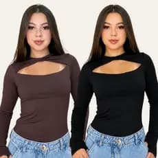 Body Feminino Manga Longa com Recorte Frontal Elegante Justo