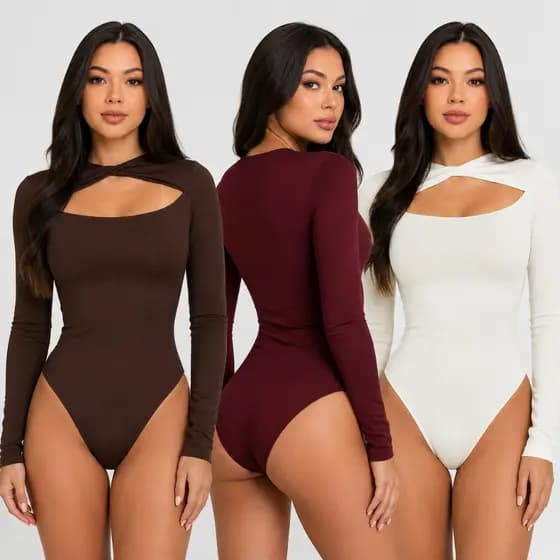 Body Feminino Manga Longa Decote Torcido Com Recorte Frontal Blusa Justa Inverno Festa Balada