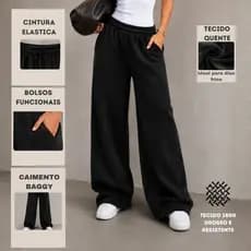 Calça Moletom Wide Leg Feminina Cintura Alta Pantalona Oversized Inverno