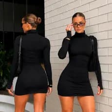 Vestido Tubinho Manga Longa Com Dedeira Gola Alta Modelador