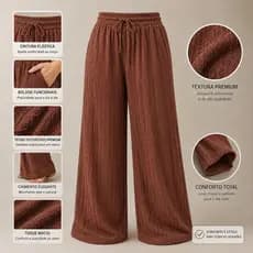Calça Pantalona Feminina Wide Leg Cintura Alta Texturizada com Bolso Confortável