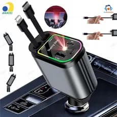 Carregador Retrátil para Carro 4 em 1 com Luz LED 180° Ajustável e Cabo Flexível para iPhone Android