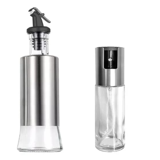 Conjunto Galheteiro E Borrifador Spray Pulverizador para Vinagre ou Azeite Aço Inox Vidro Multiuso