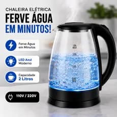 Chaleira Elétrica Vidro 2L Com LED Azul Desligamento Automático Ferve Água Rápido 110v 220V