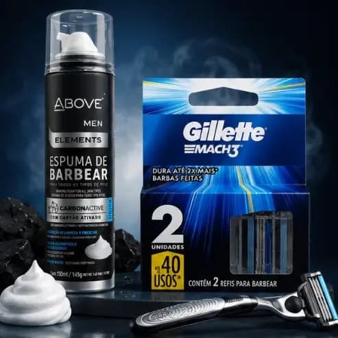 GILLETTE MACH 3 RECARGA  + ESPUMA DE BARBEAR ABOVE CARVÃO ATIVADO