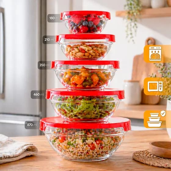 Kit 5 Tigelas de Vidro RedondasTampas Herméticas Potes Cozinha e Armazenamento