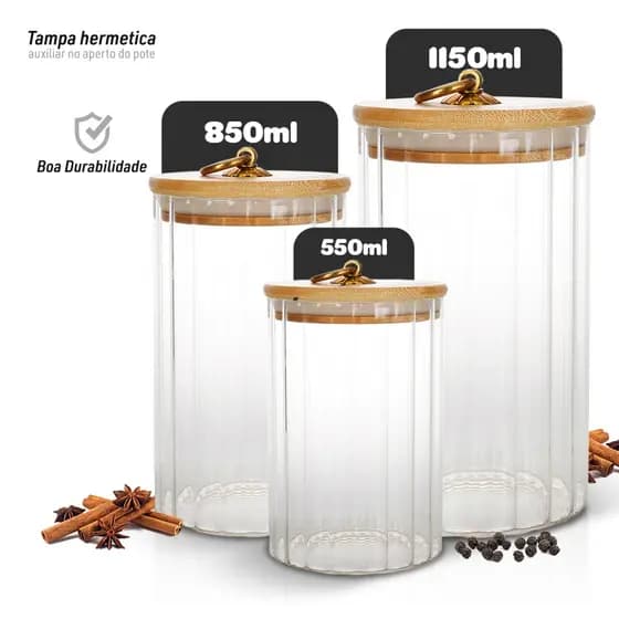 Potes De Vidro Para Mantimentos Com Tampa Bambu 3 Tamanhos - Bhz Store
