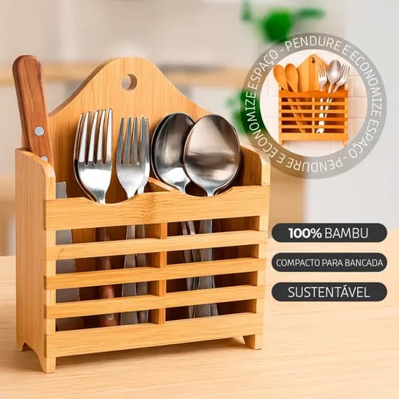 Porta-Talheres de Bambu Natural p/ Bancada e Parede – Suporte Compacto e Ecológico