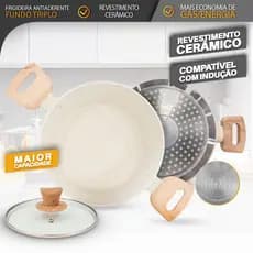 Caçarola Panela 2,4L Antiaderente Fundo Triplo com Tampa de Vidro – Cabo Efeito Madeira