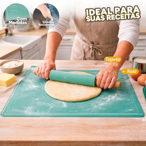 Conjunto Rolo e Tapete Silicone Guias Torta Bolo Antiaderente Durável Cozinha