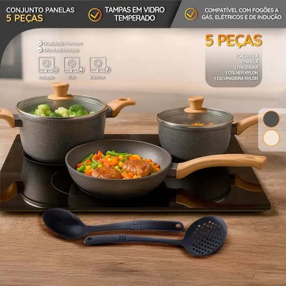 Kit Panelas Antiaderente 5 peças– Caçarola, Panela Frigideira com Tampas de Vidro + Utensílios Nylon