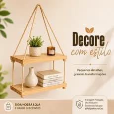 Prateleira Suspensa Madeira Pinus 35x10cm Corda Sisal 2 Andares Rústica Parede Cozinha