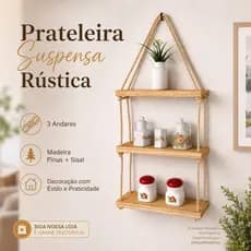 Prateleira Suspensa Madeira Pinus 35x10cm Corda Sisal 2 ou 3 Andares Rústica Parede Cozinha Banheiro