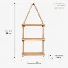 Prateleira Suspensa Madeira Pinus 35x10cm Corda Sisal 3 Andares Rústica Parede Cozinha Banheiro