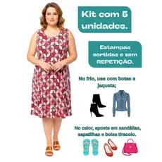 Kit 5 Vestidos Plus Size G3 ao G6  Feminino Estampado Regata Casual Verão Malha Fria