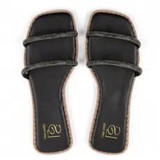 Sandália Rasteira Feminina com Strass Preta e Dourada Tiras Confortável Chinelo Slide Casual M oda