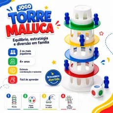Jogo Torre Maluca Infantil Equilíbrio Bonequinhos Dado 2+ Jogadores 4+ Anos
