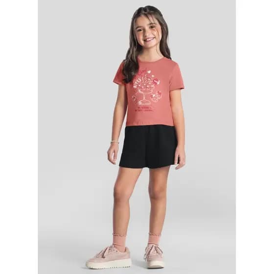 Conjunto Infantil Menina de Blusa Meia Malha / Shorts Moletinho Leve BRANDILI - 4 a 10 anos