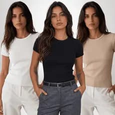 Kit 3 Blusas Femininas Canelada Ribana Premium Camiseta Básica para o Dia a Dia