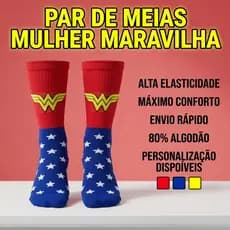 Meia Divertida Cano Alto Algodão Personagem Mulher Maravilha Meia Maluca Academia Corrida Crossfit