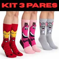 kit 3 Par Meia Cano Alto Algodão Divertida Estampa Personagem Academia Corrida Meia Maluca Unissex