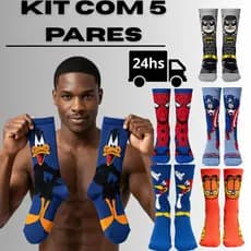 Kit 5 Par Meia Cano Alto Algodão Temática Desenhos Personagens Divertida Maluca Unissex Academia