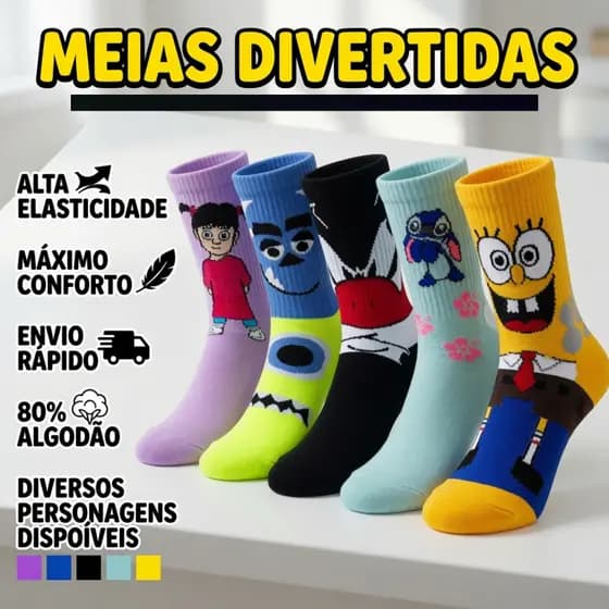 Meia Divertida de Personagem Cano Alto Unissex Estampas Exclusivas Algodão Confortável Envio Imediato Geek/ Nerd/ Gamer