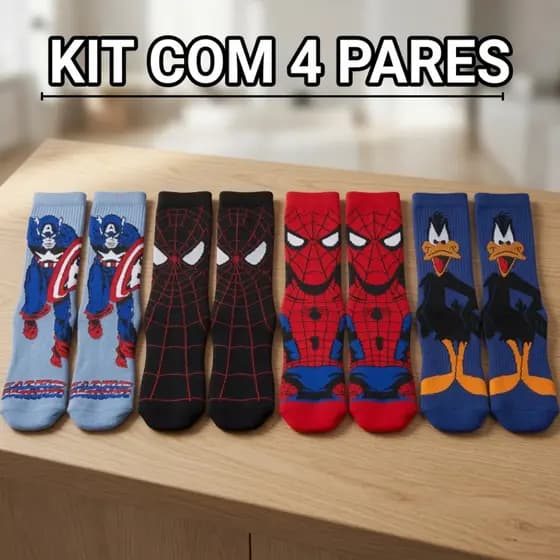 Kit 4 Pares de Meias | PERSONAGENS | Unissex – Confortáveis e Estilosas para Adultos