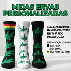 Meia Cano Alto Algodão Estampa Folha Maconha Erva Cannabis Marijuana Hemp Dollar Unissex Bob Marley